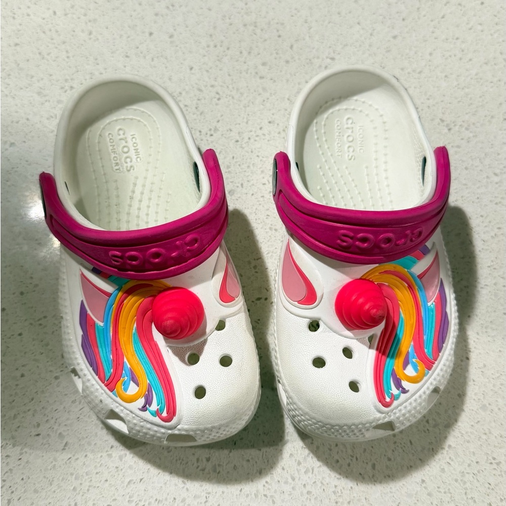 CROCS Kids' White and Pink Clogs with Rainbow Accents